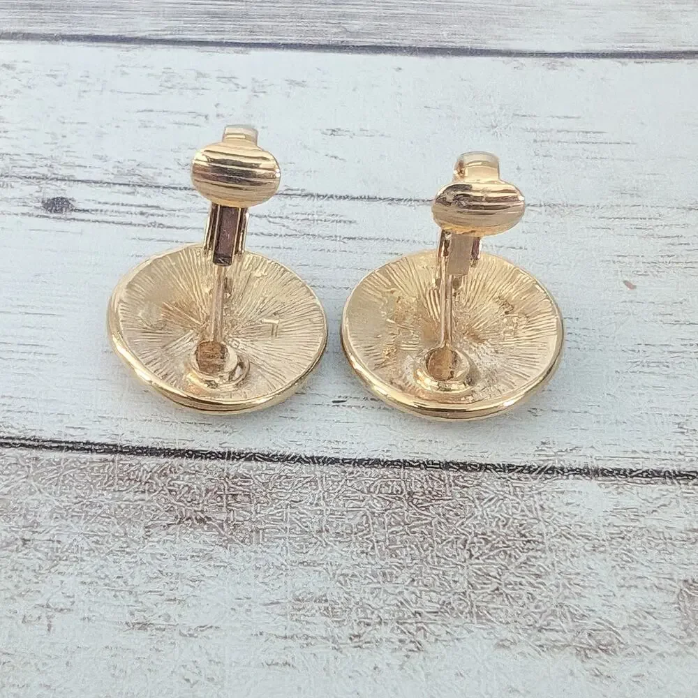 Vintage Clip On Earrings Retro Circle Cream & Gold Tone 0.75